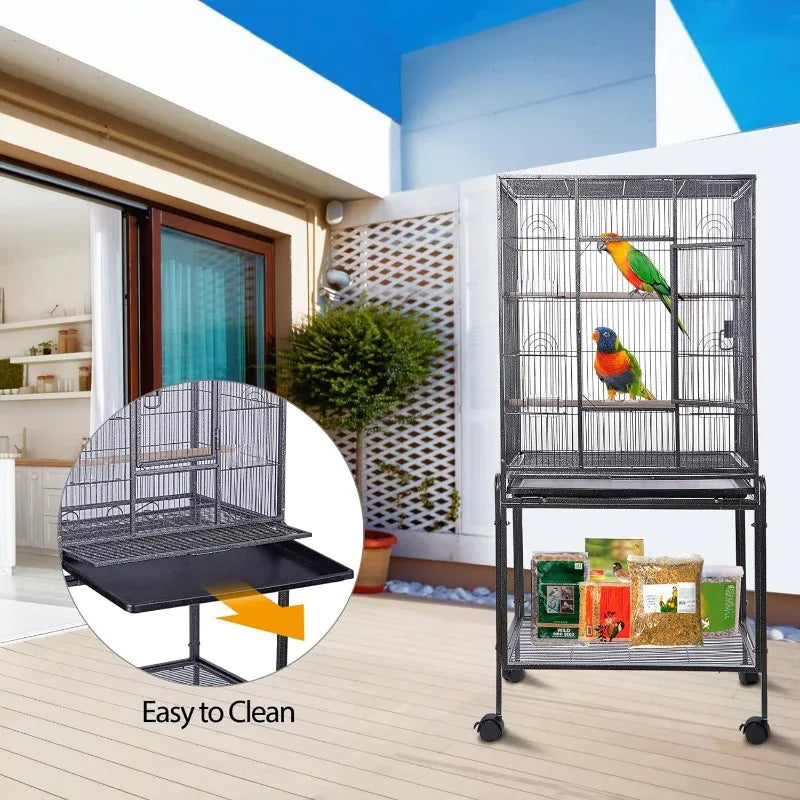 Large Wrought Iron Bird Cage with Rolling Stand