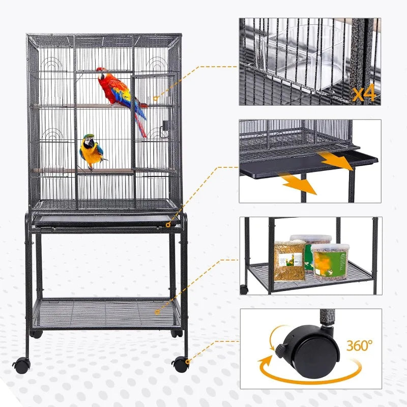 Large Wrought Iron Bird Cage with Rolling Stand