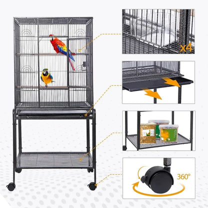 Large Wrought Iron Bird Cage with Rolling Stand